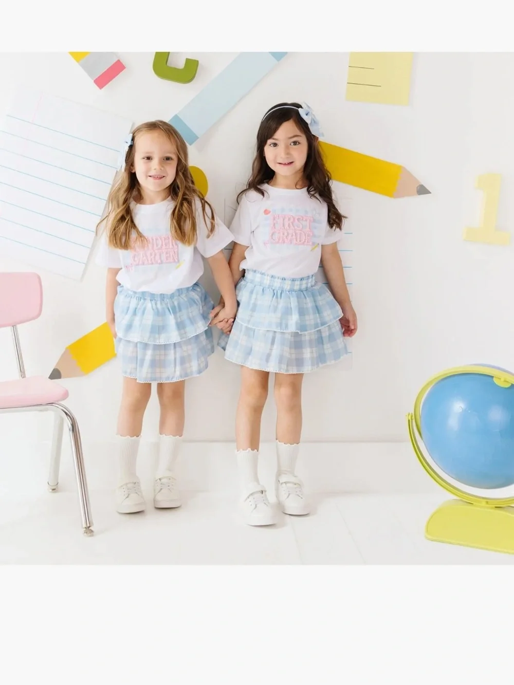 Girls Light Blue Gingham Tiered Skirt and White Tee Outfit
